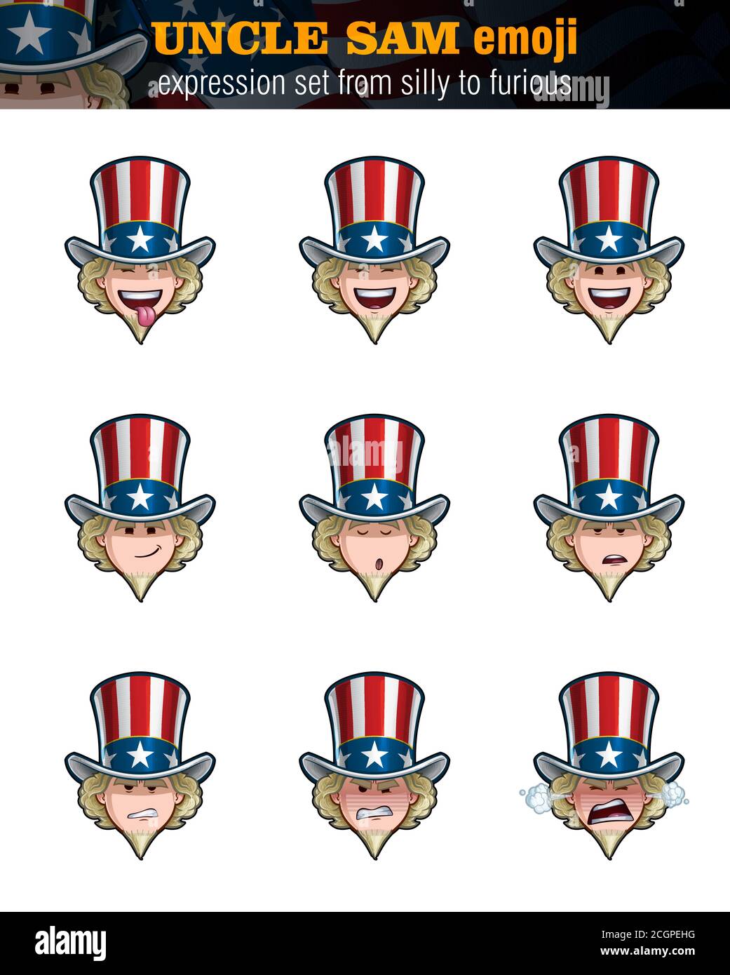 Ensemble d'illustrations vectorielles de la bande dessinée Oncle Sam Emoji. Neuf expressions, ridicule, riant, heureux, souriant, prêchant, serous, non amusé, furieux. Illustration de Vecteur