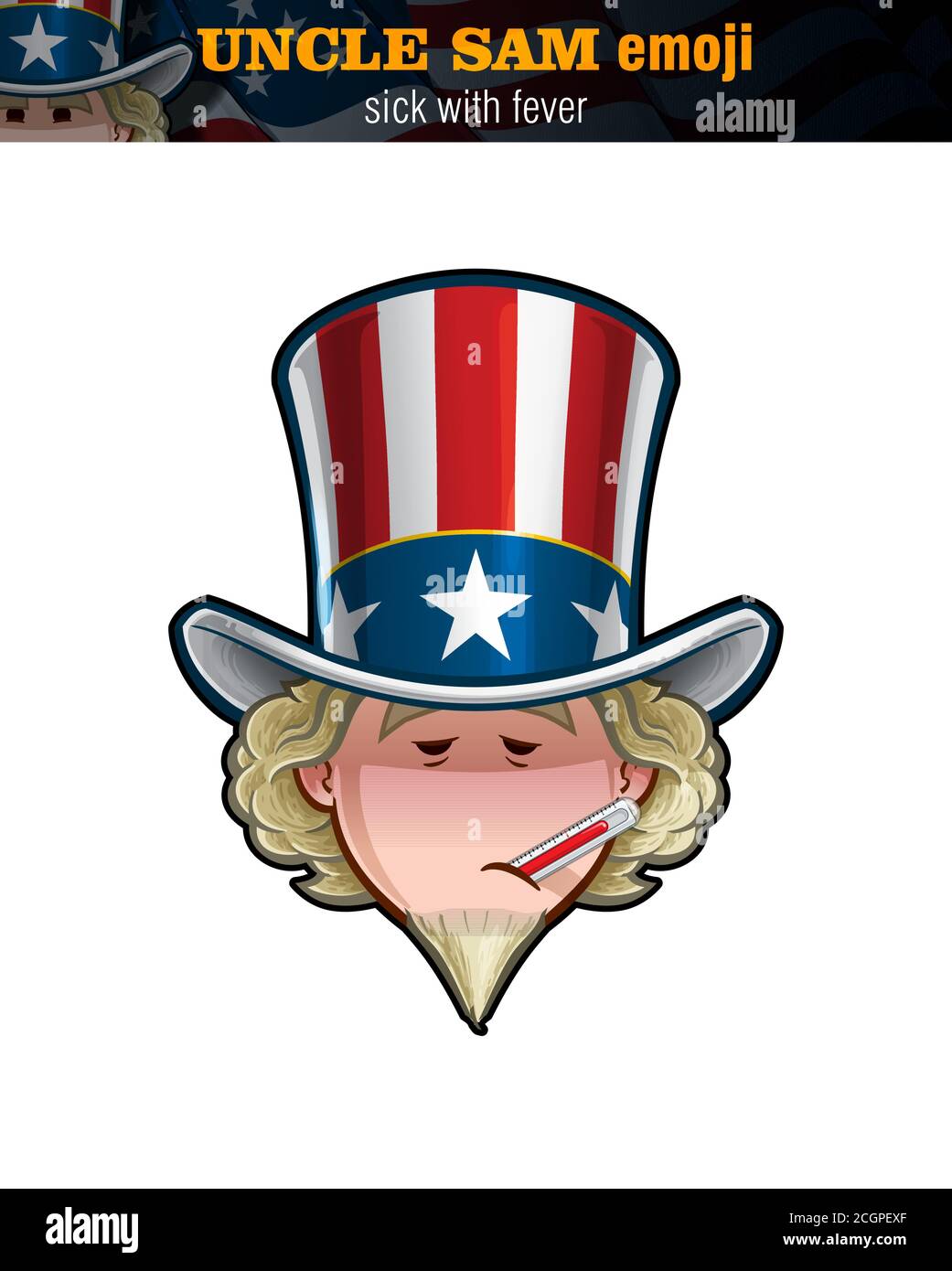 Ensemble d'illustrations vectorielles d'une caricature oncle Sam Emoji, malade de fièvre, ayant un thermomètre dans sa bouche. Tous les éléments sont parfaitement définis sur une couche bien définie Illustration de Vecteur