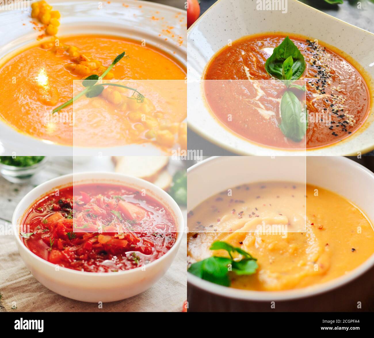 Collage de soupes de légumes. Plats végétariens. Une variété de soupes de crème. Espace libre pour le texte Banque D'Images