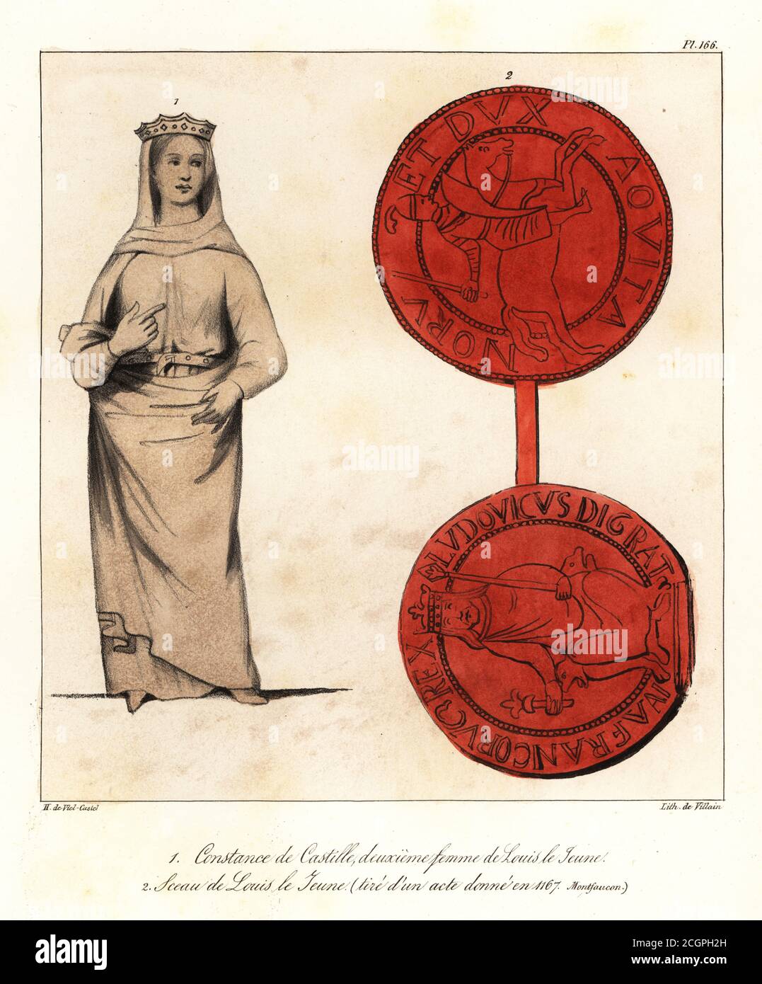 Constance de Castille (1136-1160), reine de France au roi Louis VII, de son effigie tombeau dans la basilique Saint-Denis, Paris. Sceau du roi Louis VII d'un document de 1167. Constance de Castille, deuxieme femme de Louis le Jeune. Sceau de Louis le Jeune, tire d’un acte donne en 1167, Montfaucon. Lithographie colorée à la main par le méchant d'après une illustration d'Horace de Viel-Castel de sa Collection des costumes, armes et meubles pour servir à l'histoire de la France (Collection de costumes, armes et meubles à utiliser dans l'histoire de la France), Teuttel & Wurtz, Bossange, 1829. Banque D'Images