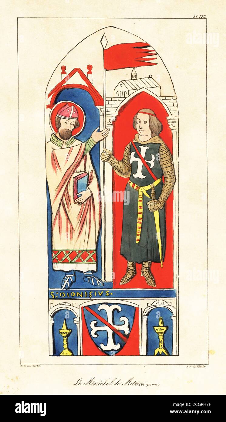 Henri II Clément, seigneur de Metz, maréchal de France, mourut en 1265, recevant la glorieuse de Saint Denis. La lamelle est le standard de bataille du roi de France. Il porte un costume de chainmail, une tunique à croix blanche, des éperons et une épée. Prise d'un vitrail à notre-Dame de Chartres. Le maréchal de Metz (Roger de Gainières). Lithographie colorée à la main par le méchant d'après une illustration par Horace de Viel-Castel de sa Collection des costumes, armes et meubles pour le servir à l'histoire de la France (Collection de costumes, armes et meubles à utiliser dans l'histoire de la France) Banque D'Images