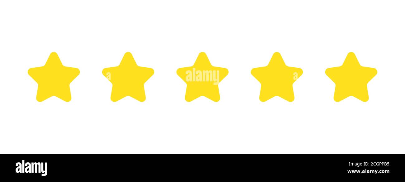 Cinq étoiles dorées sur fond blanc. Feedback sur le concept de produit du client. Avis positif. Satisfaction clients. Système d'évaluation. Vecteur Illustration de Vecteur