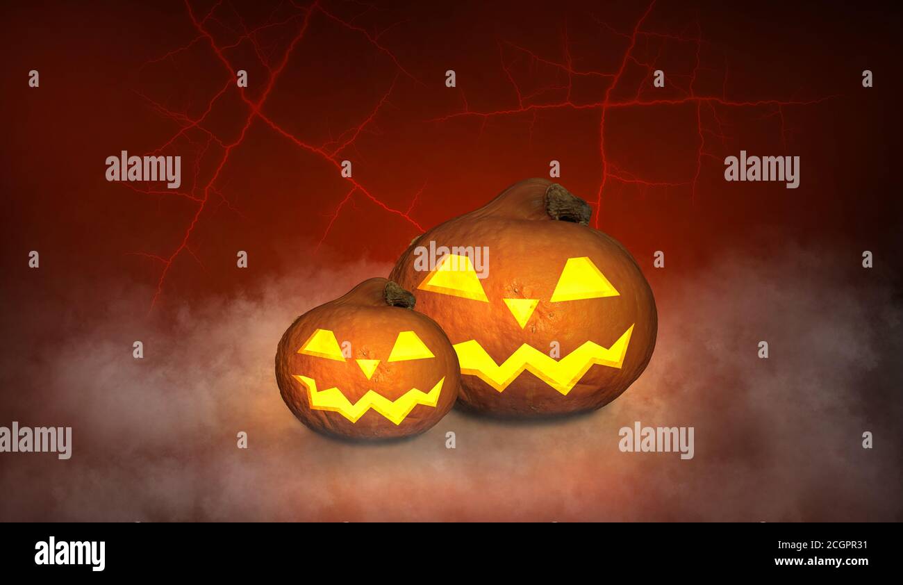 lanternes de citrouille d'halloween crépettes sur fond rouge abstrait Banque D'Images