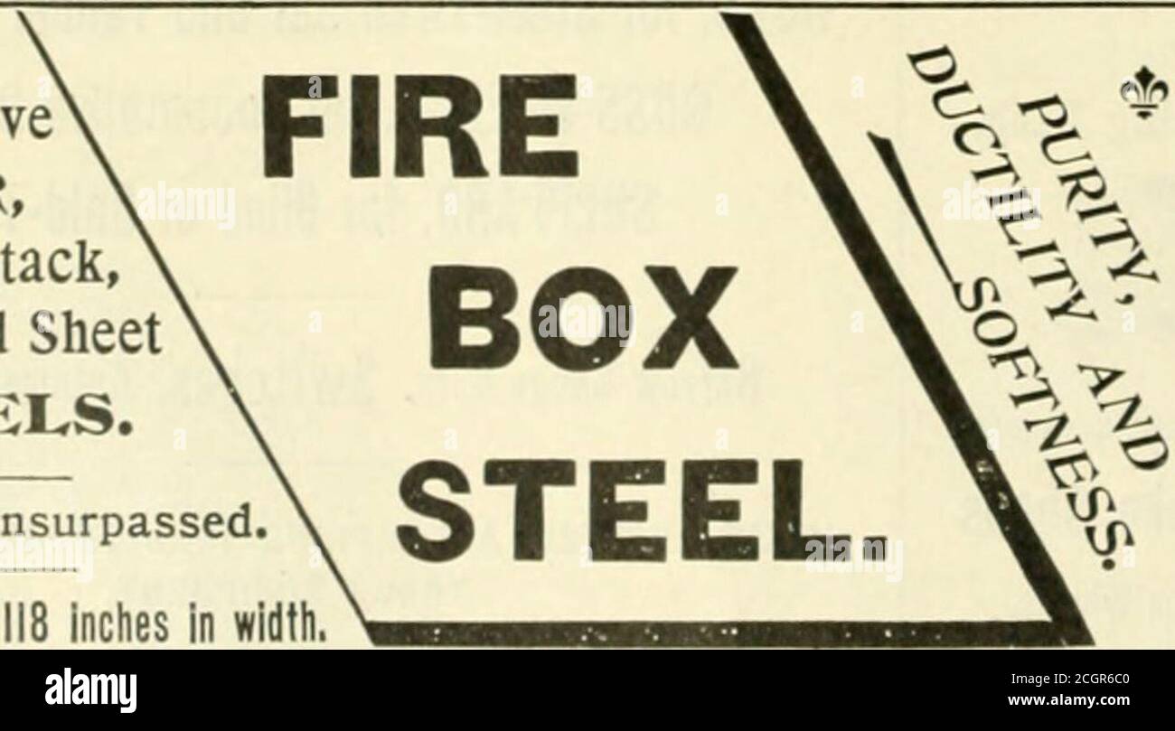 . Le génie des locomotives : une revue pratique de la force motrice ferroviaire et du matériel roulant . N. V. iiiii.^ pour rails et essieux, 33 Wall Street.N. Y. Office for Structural Steel, 100 Broadway. ^^jcJWsveQ^ V ^J. CHAUDIÈRE de locomotive, cheminée, réservoir et tôles D'ACIER. Qualité inégalée. Plaques jusqu'à 118 Indies de largeur SHOENBERGER STEEL CO. PITTSBURGH, PA. Banque D'Images