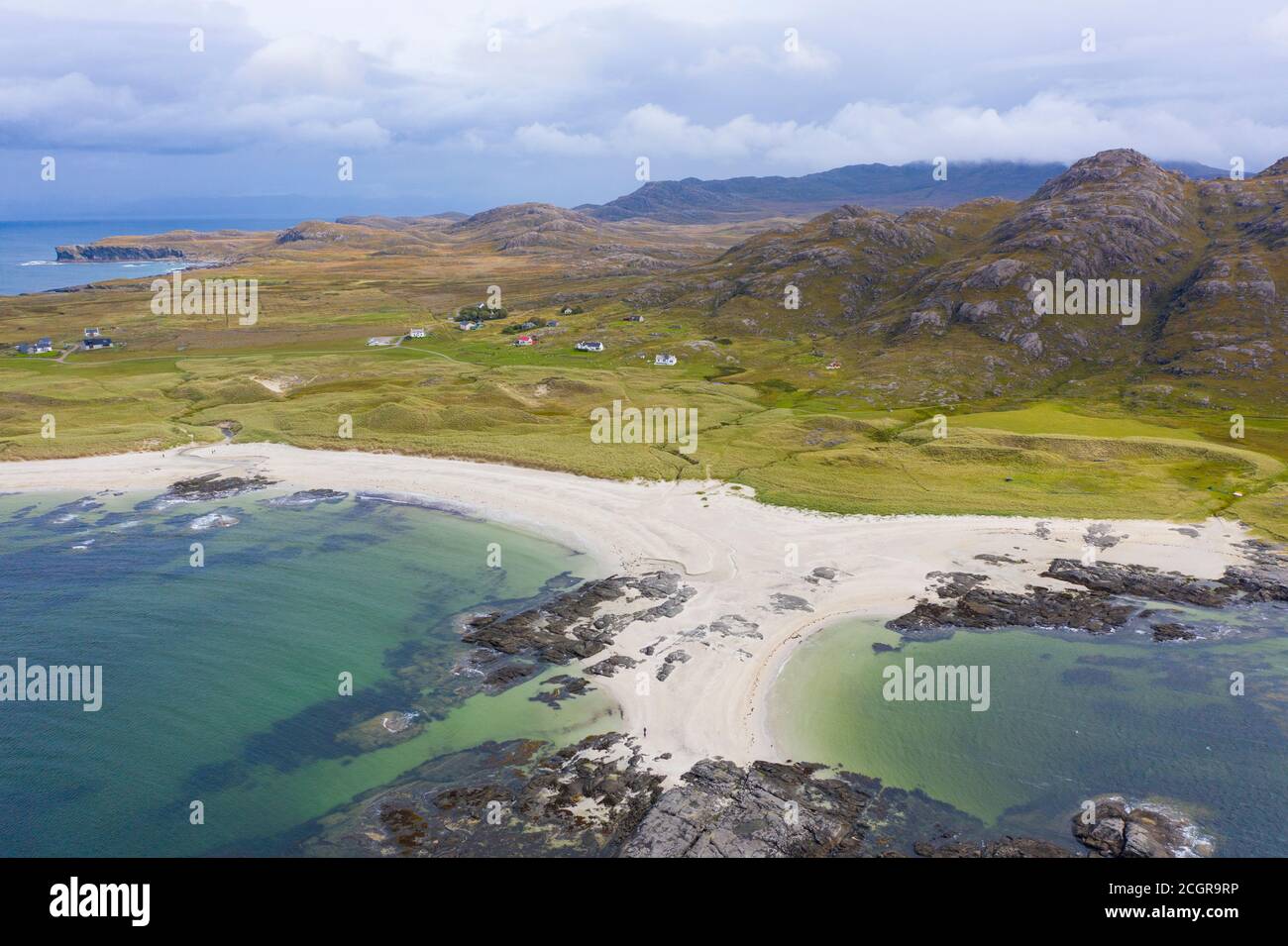 Vue aérienne de la plage de Sanna sur la péninsule d'Ardnamurchan , région des Highlands, Écosse, Royaume-Uni Banque D'Images