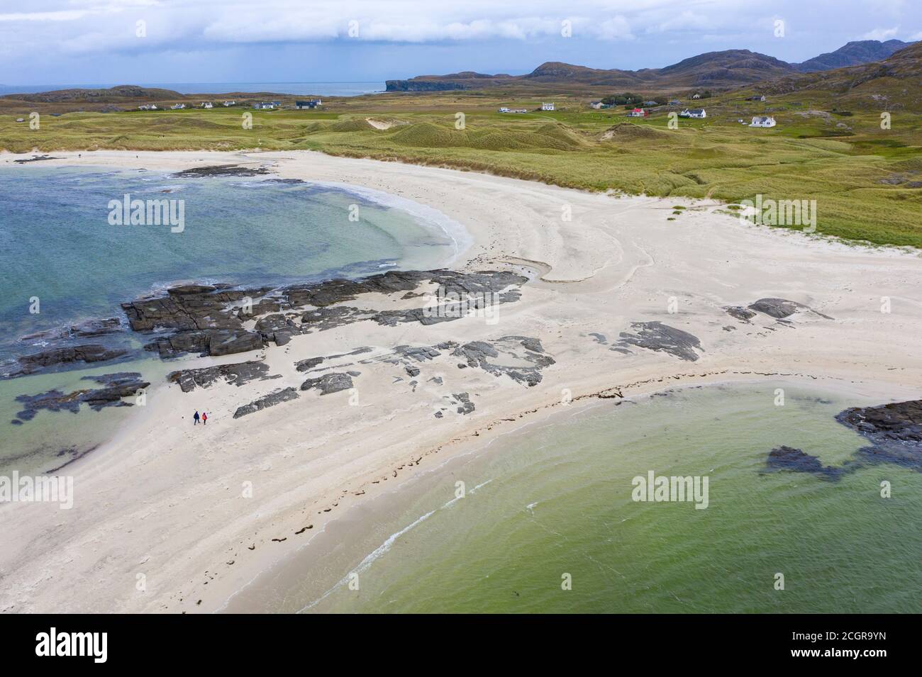 Vue aérienne de la plage de Sanna sur la péninsule d'Ardnamurchan , région des Highlands, Écosse, Royaume-Uni Banque D'Images