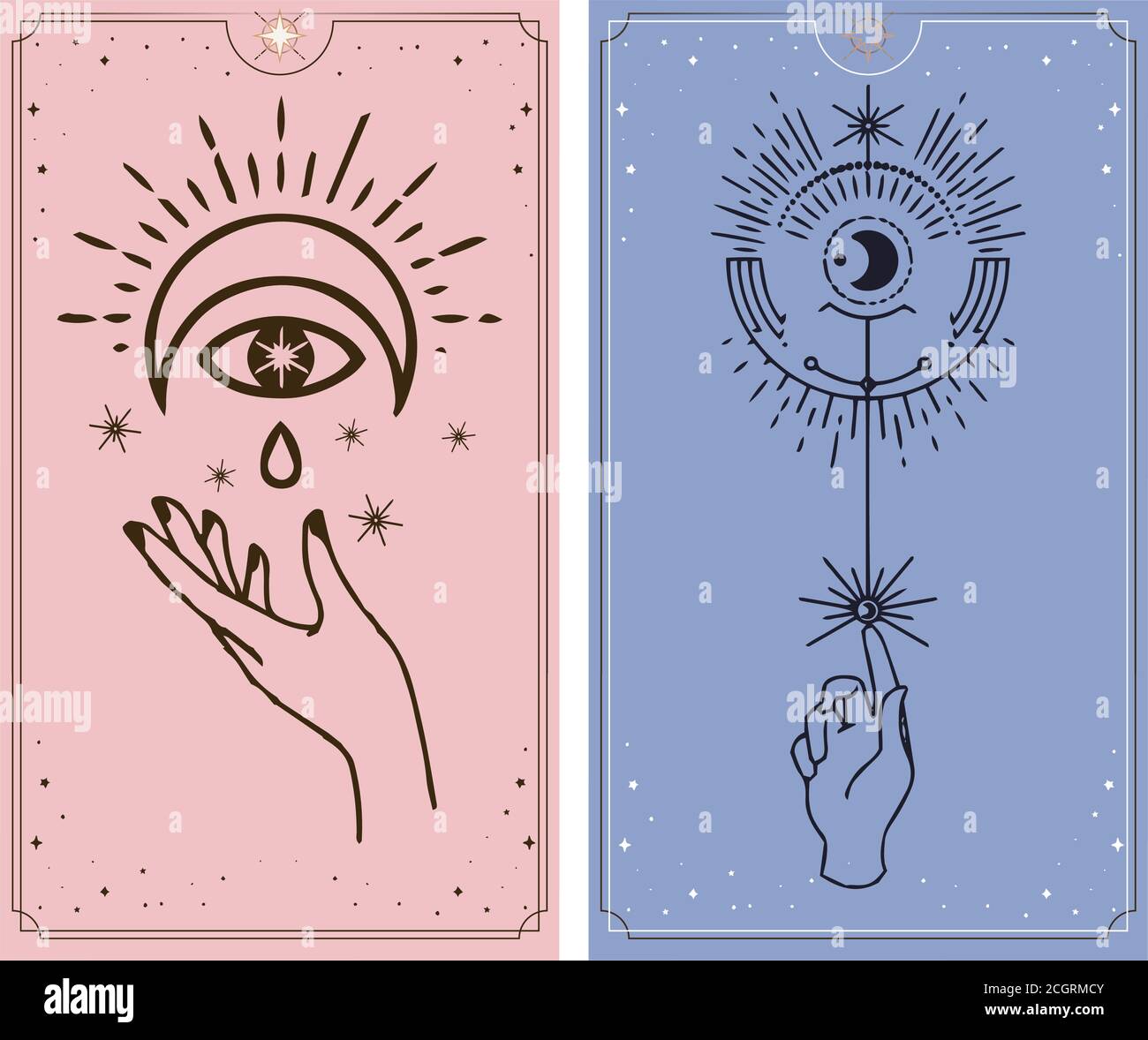 Cartes de la lune et du soleil tarot, mains en simple plat ésotérique de style boho. Ésotérique de logo avec divers symboles. Concept astrologique et ésotérique. Illustration de Vecteur