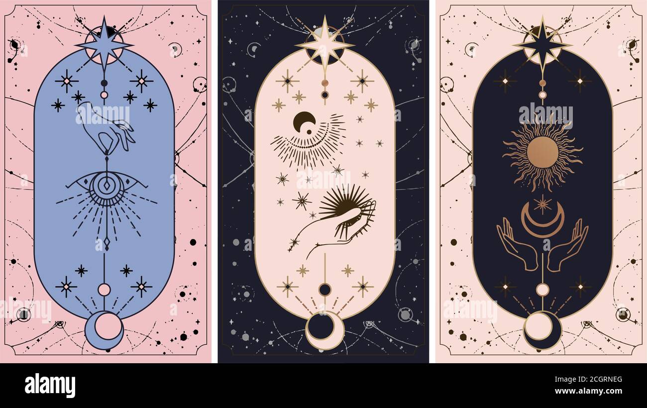 Cartes de la lune et du soleil tarot, mains en simple plat ésotérique de style boho. Collection ésotérique de logos avec divers symboles tels que l'espace étoile planète, g Illustration de Vecteur