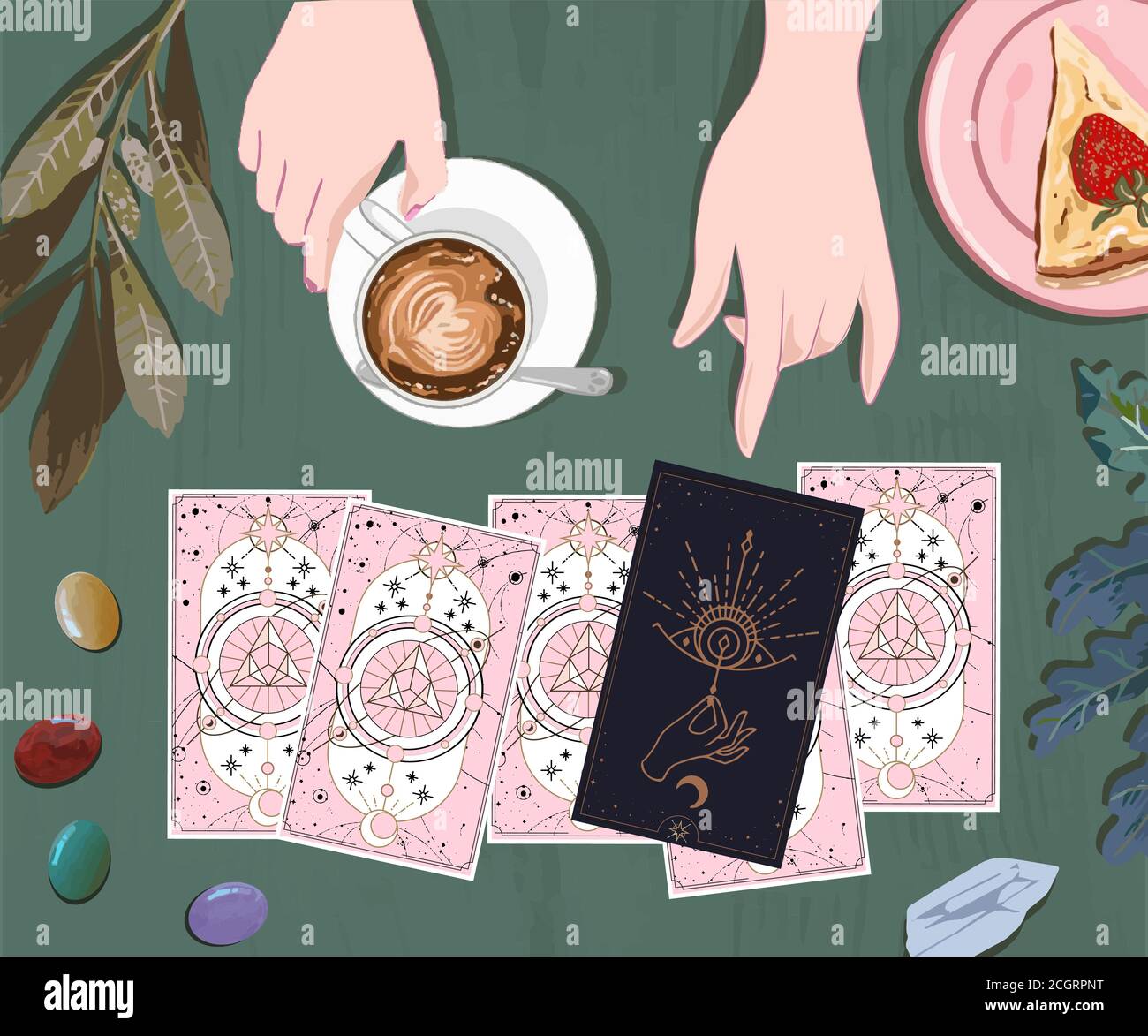 Buvez du café et attendez sur les cartes d'arcane au guide mystique, UNE session avec un pot de chance avec des cartes de tarot, isolé drôle de vente de qute offre design i Illustration de Vecteur