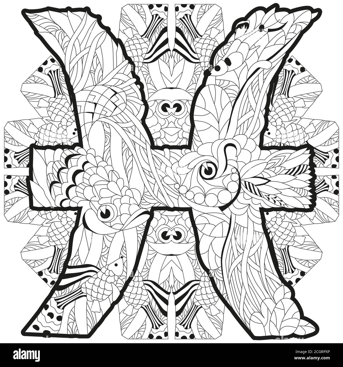 PISCES zodiac signe avec mandala mignon personnage de dessin animé rétro zentangle stylisé en vecteur de coloration Illustration de Vecteur