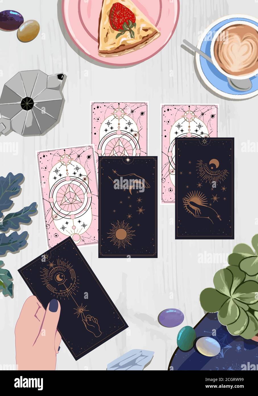 Une session avec un titreur de fortune avec des cartes de tarot, boire du café et attendre sur des cartes d'arcane au guide mystique, cartes de la lune et du soleil de tarot, mains installées Illustration de Vecteur