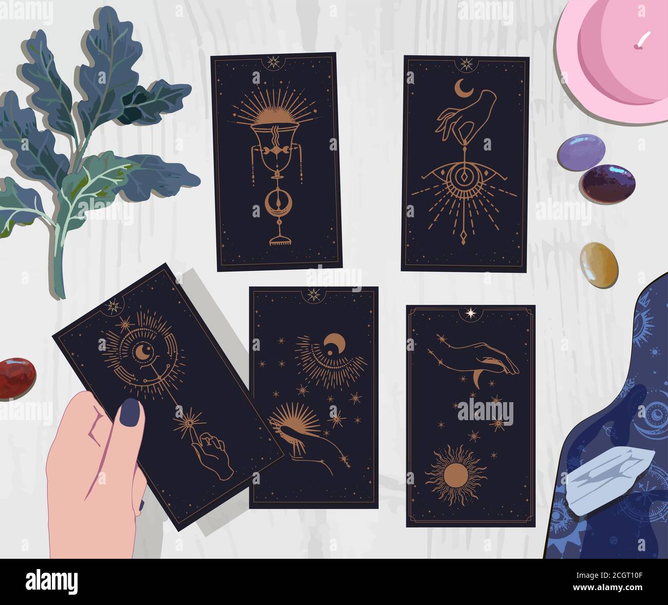 Une session avec un titreur de fortune avec des cartes de tarot, boire du café et attendre sur des cartes d'arcane au guide mystique, cartes de la lune et du soleil de tarot, mains installées Illustration de Vecteur