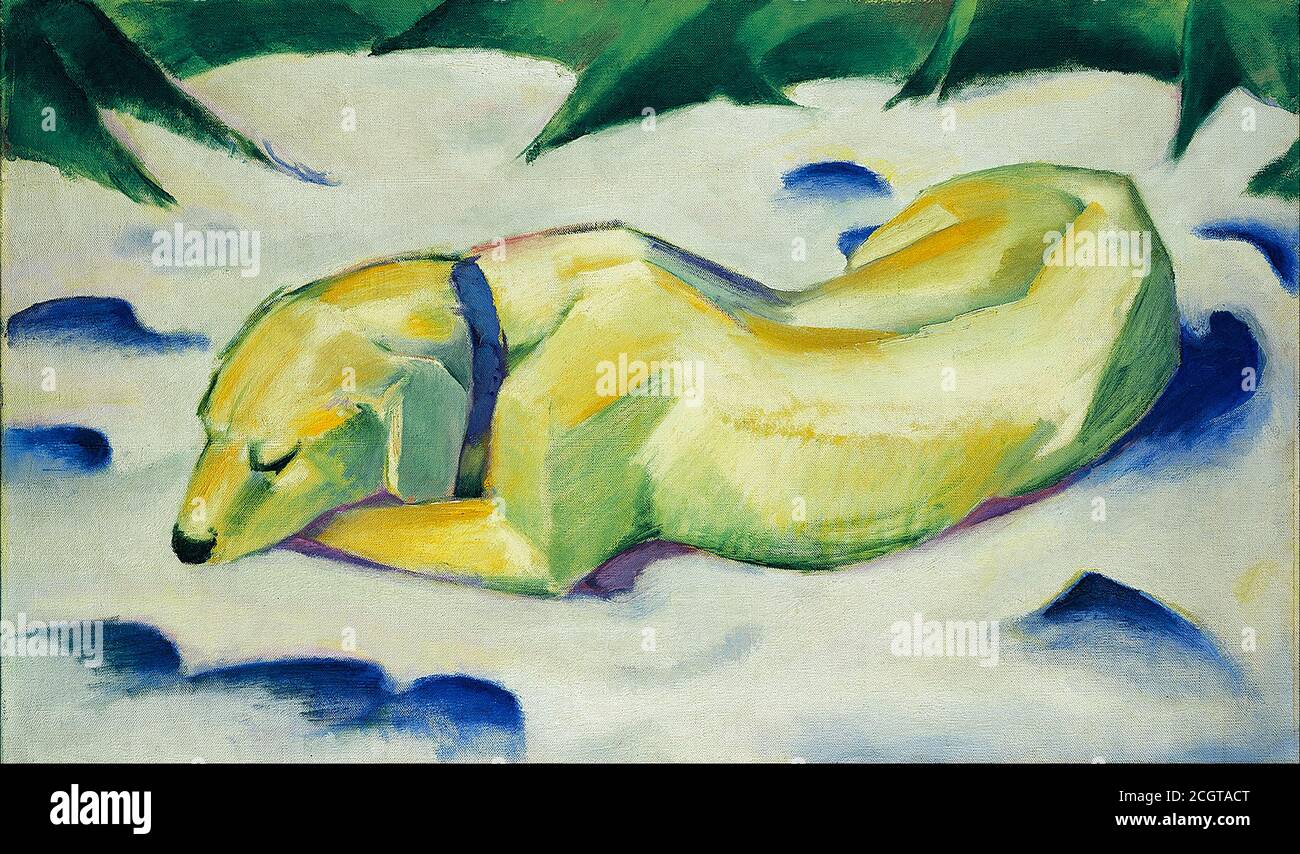 Franz Marc. Peinture intitulée chien couché dans la neige, huile sur toile, 1911. Franz Moritz Wilhelm Marc (1880-1916) était une figure de premier plan du mouvement expressionniste allemand Banque D'Images
