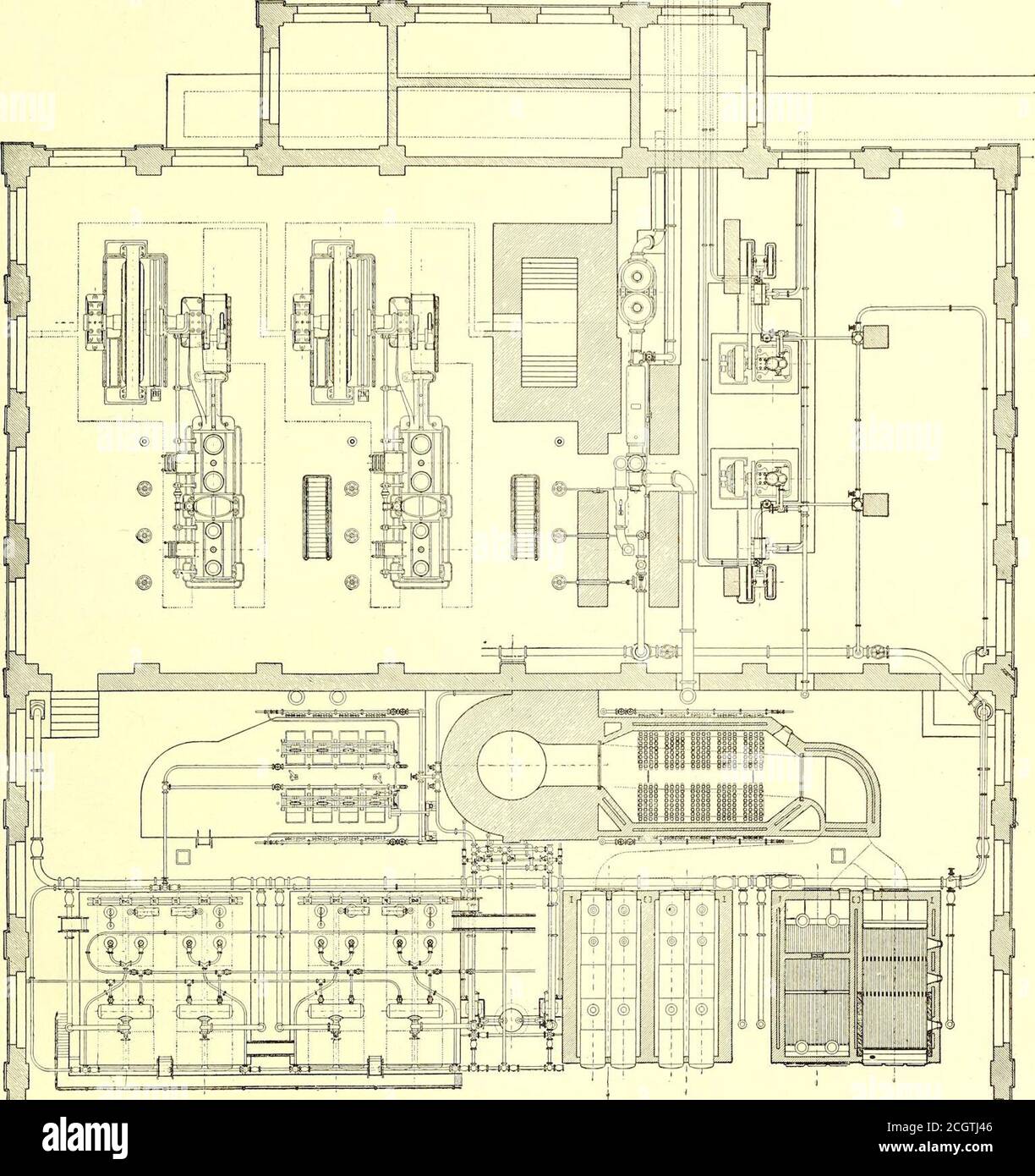 . Journal de chemin de fer de la rue . VUE GÉNÉRALE DE LA CENTRALE ÉLECTRIQUE À TORNAVENTO LE 6 DÉCEMBRE 1902.] JOURNAL DE CHEMIN DE FER DE RUE. moteur à vapeur composé en tandem 897. Ces machines à vapeur, ainsi que la chaudière, ont été fournies par la société bien connue de Franco Tosi, de Legnano. Bien que les moteurs tosingle-crank couplés et les rotaries d'entraînement, aucun problème n'a que les soupapes de champignon sont utilisées, qui, bien que populaire en Europe, ne sont pas en usage courant dans ce pays pour les enginesde la taille de ceux dans cette usine. Les trois tandem horizontaux composés de condensation en-. PLAN 1LL DE LA CENTRALE ÉLECTRIQUE À TORNAVENTO, MONTRANT LA TUYAUTERIE Banque D'Images