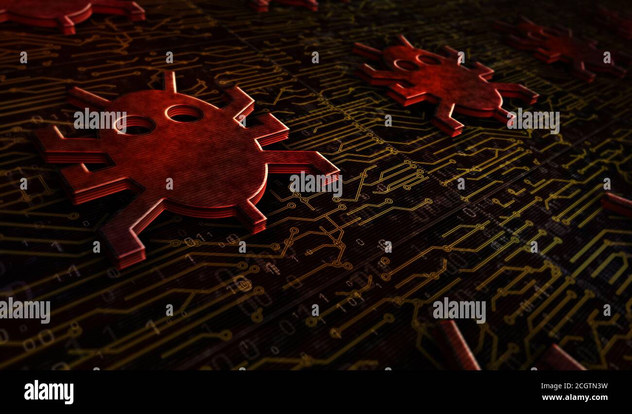 Attaque de virus informatique, cybersécurité, programmes malveillants, criminalité, espionnage de la technologie logicielle avec l'icône de ver numérique. Illustration du rendu 3d du concept de symbole abstrait Banque D'Images