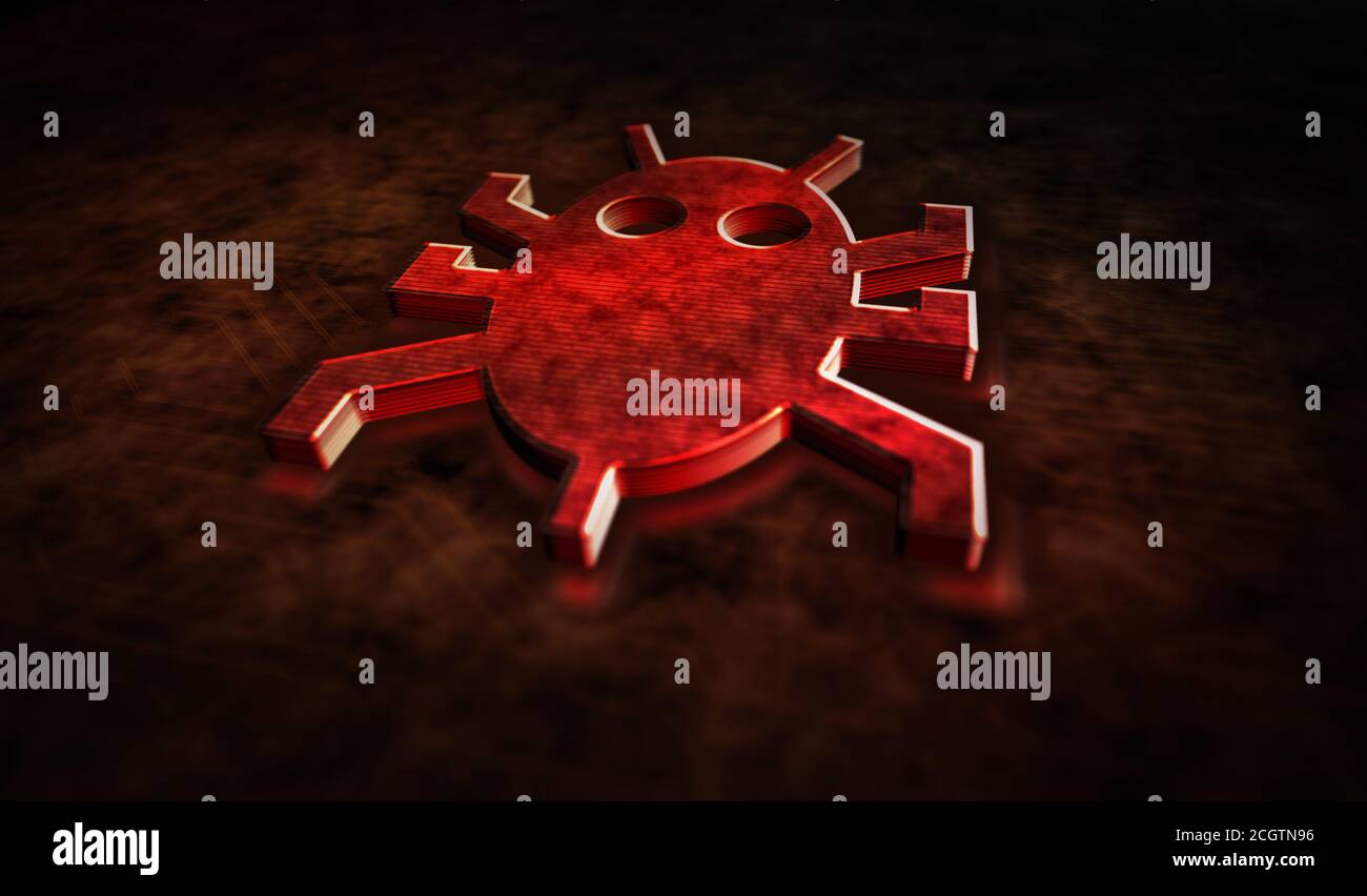 Attaque de virus informatique, cybersécurité, programmes malveillants, criminalité, espionnage de la technologie logicielle avec l'icône de ver numérique. Illustration du rendu 3d du concept de symbole abstrait Banque D'Images