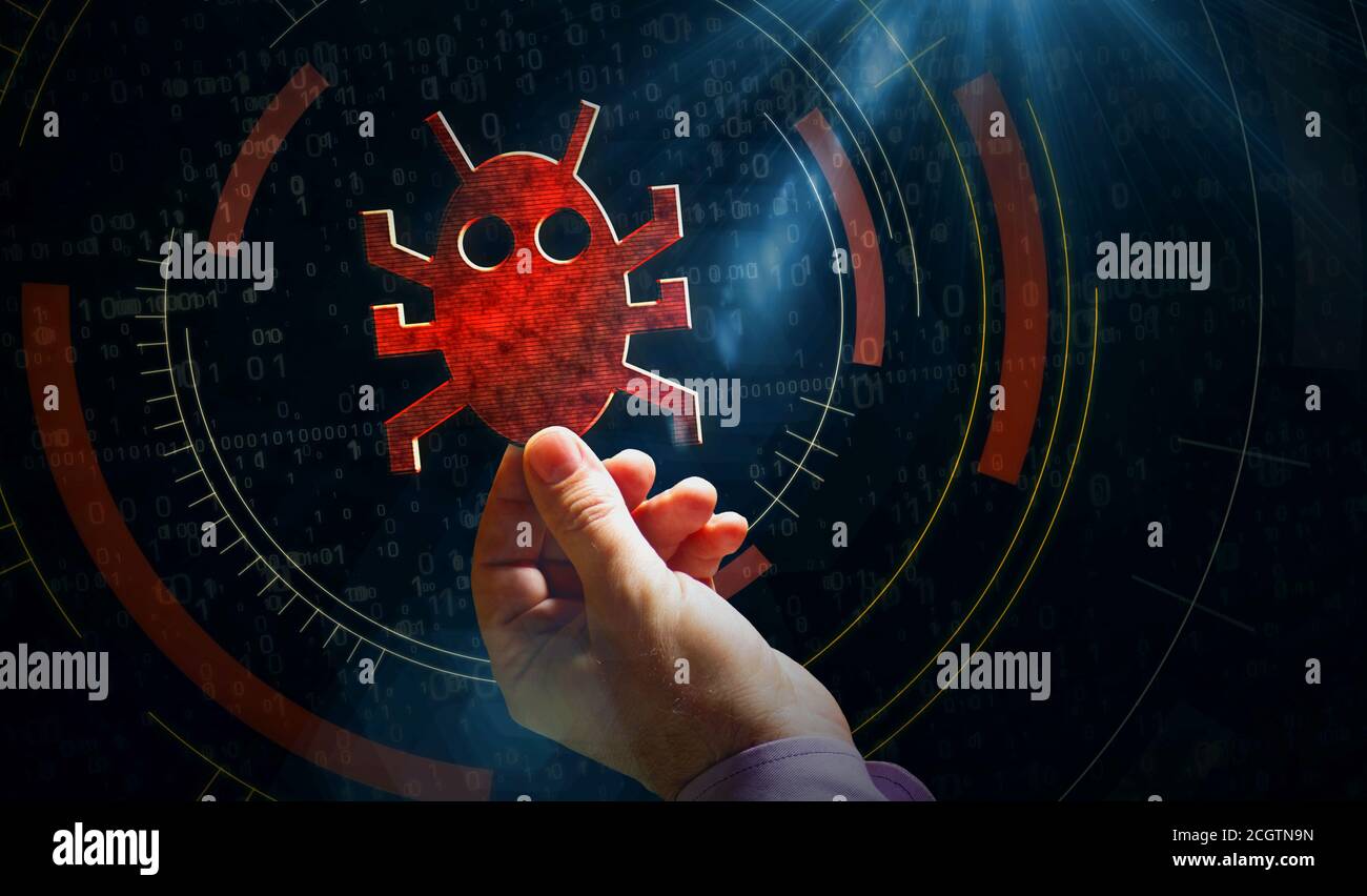 Attaque de virus informatique, cybersécurité, programmes malveillants, criminalité, espionnage de la technologie logicielle avec l'icône de ver numérique. Illustration du rendu 3d du concept de symbole abstrait Banque D'Images