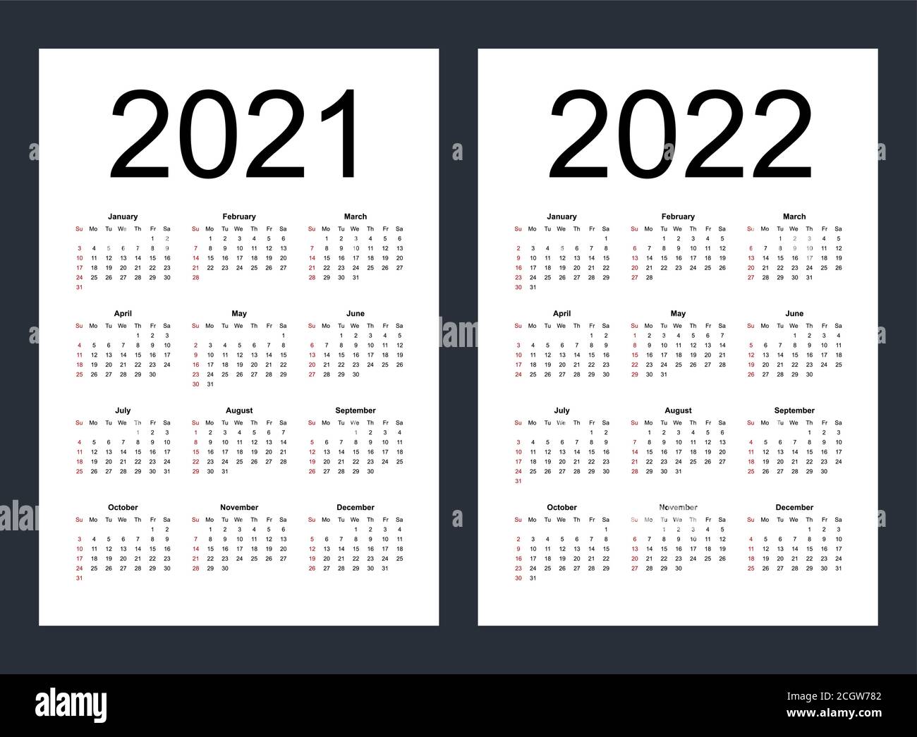 Calendriers vectoriels modifiables simples pour l'année 2021, 2022. La semaine commence le dimanche. Verticale. Illustration vectorielle isolée. Illustration de Vecteur