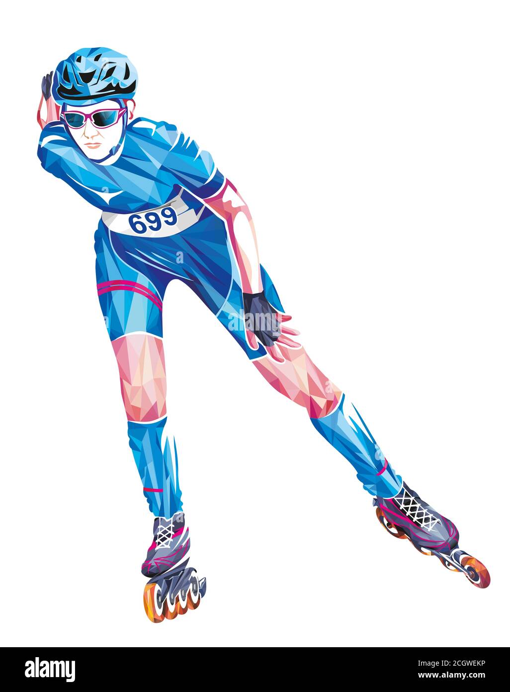 Thème sport. Design géométrique coloré du joueur professionnel de marathon de patinage à roulettes isolé sur fond blanc. Banque D'Images