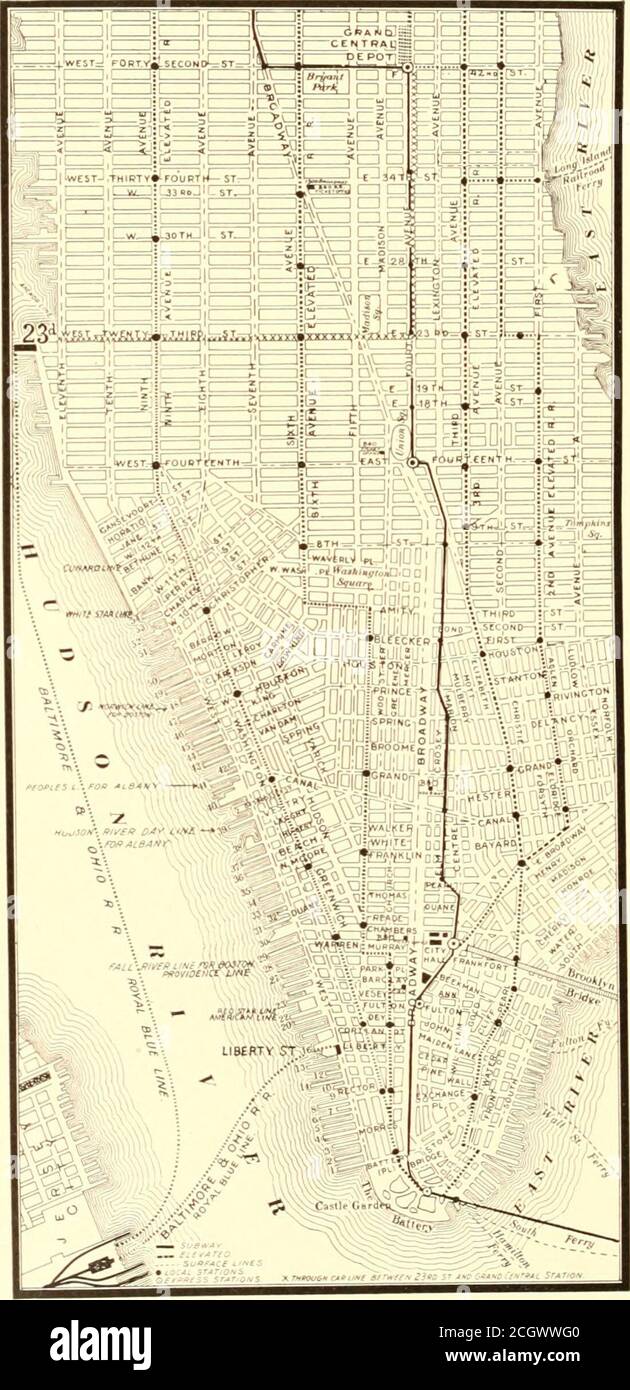 . Livre de la Royal Blue . et s'étend sous Lo^thStreet à la partie supérieure de Central Park toand sous Lenox Avenue à 142d Street, de là se courrant à l'est et sous la Harlem River à environ 145th Street, de là de la rivière à et sous East149th Street à un point près de Third Avenue, de là par viaduc commençant à BrookAvenue au-dessus de Westchester Avenue, le Southern Boulevard et le Boston Road toBronx Park. La longueur de cet itinéraire est de 0,9 miles, dont .&gt; miles areon viaduc. À l'hôtel de ville il y a une boucle sous le parc et cette boucle est très souvent perplinto le passager. Le Banque D'Images