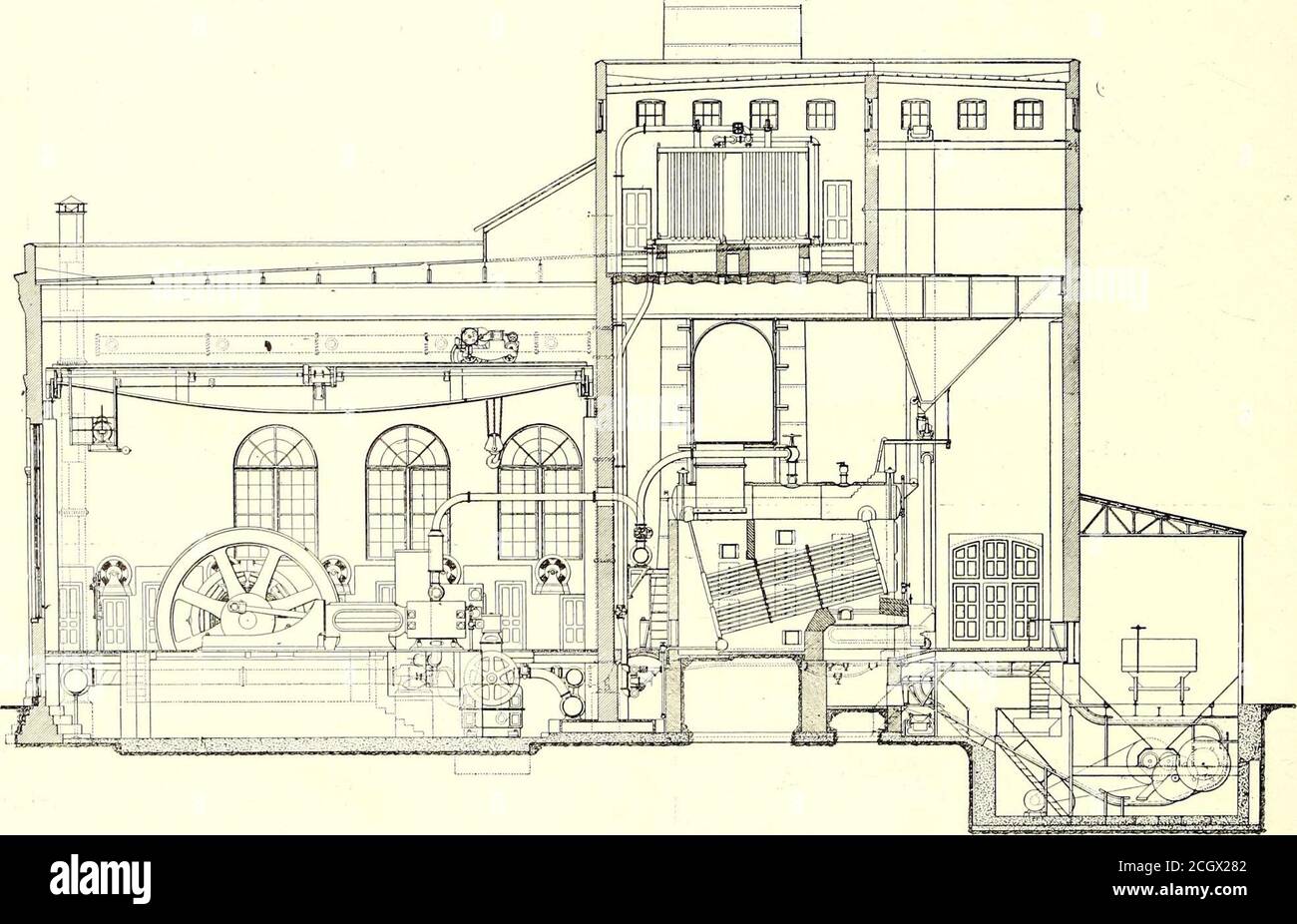 . Le journal de chemin de fer de rue . ing.the hot water est jeté sur les écrans de fil pend ver-tiquement dans la tour, et le ruissellement; vers le bas au-dessus de ces est dans le compteur de taux mesure également l'eau fournie à chaque chaudière; ces dispositifs faciliteront grandement la tenue des dossiers de stationstationrecords. L'eau d'alimentation provenant des puits chauds après le passage du chauffage passe par un économiseur de carburant vert de 832 tubes, qui, en raison de l'espace limité, est placé au-dessus des chaudières. Le tableau de commutation de la station est en marbre blanc et est équipé de commutateurs et disjoncteurs General Electric ainsi que de voltmètres et d'ampèremètres Wes-ton. Il y a dans Banque D'Images