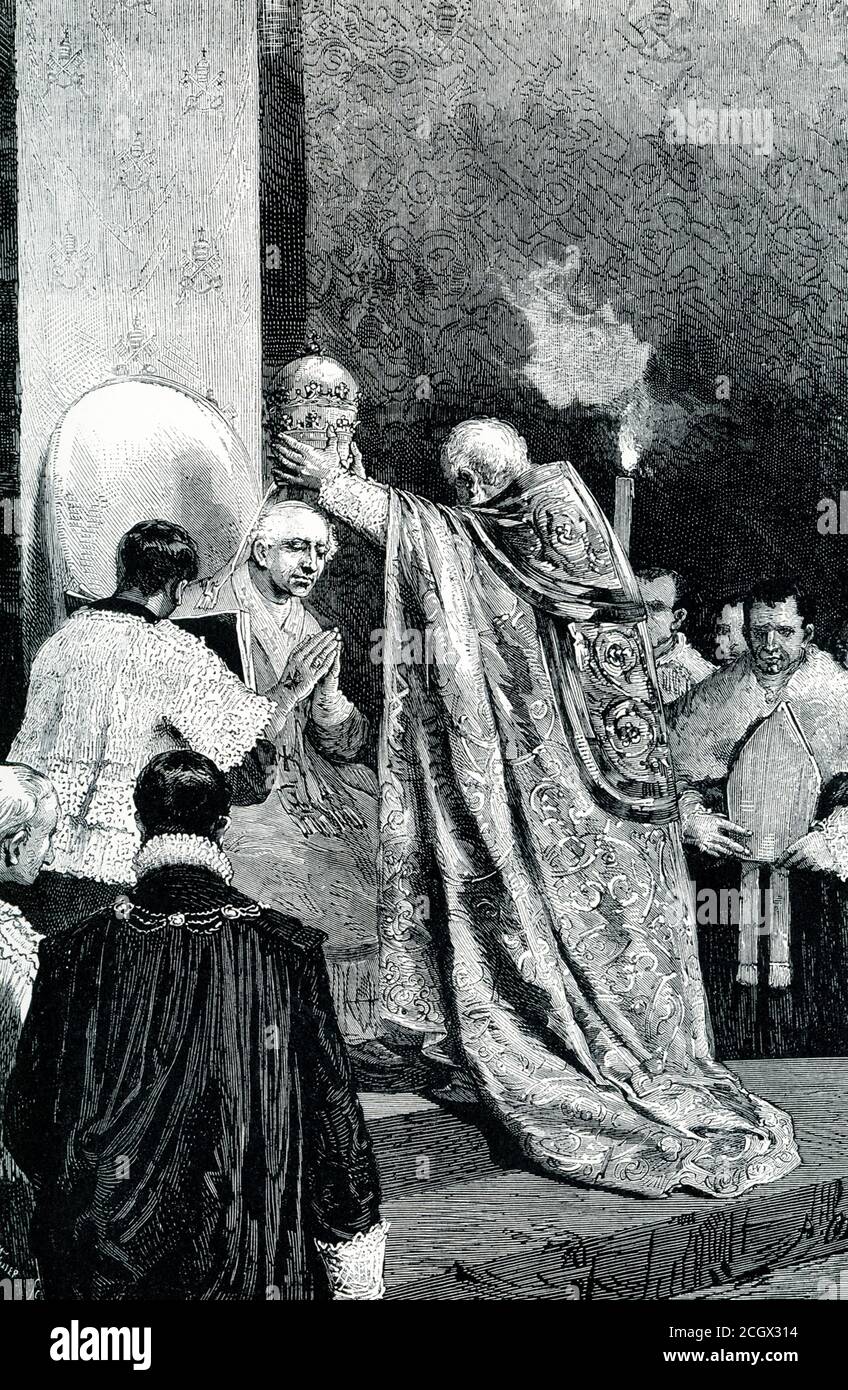 Poep Leo, bien connu dans la vie antérieure comme le Cardinal Pecci, a été choisi Pape pour succéder au Pape IX en 1878. Avec solennité solennelle, il a été placé dans la chaise papale et investi avec le tiara ou le chapeau papal à trois couronne. Tous les dignitaires de l'église réunis, le font honneur et consacrent son autorité. Banque D'Images