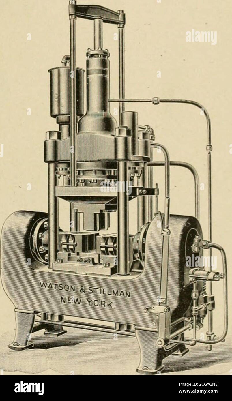 . Ingénieur américain et journal ferroviaire . M. (i. S. Glllon, de New York, a pré-sanctionné un document sur les outils hydrostatiques dans le service ferroviaire, dont l'addenda est présenté un lourd t&gt;h;iftiu« pre» désigné par la Watson-StillmaE Company, New forifor an Eastern shop. Grâce à la courtoisie de M. Stillmanwe, nous reproduisons une gravure de cette presse, ainsi que trois autres lools hydrauliques importants. Cette même presse à shatting, selon M. Stillman, est appropriée pour forgeage des essieux standard M. C. B. À l'origine, il a été désigné pour la basse pression et une longue course, et est actionné bya basse pression pompe avec Banque D'Images