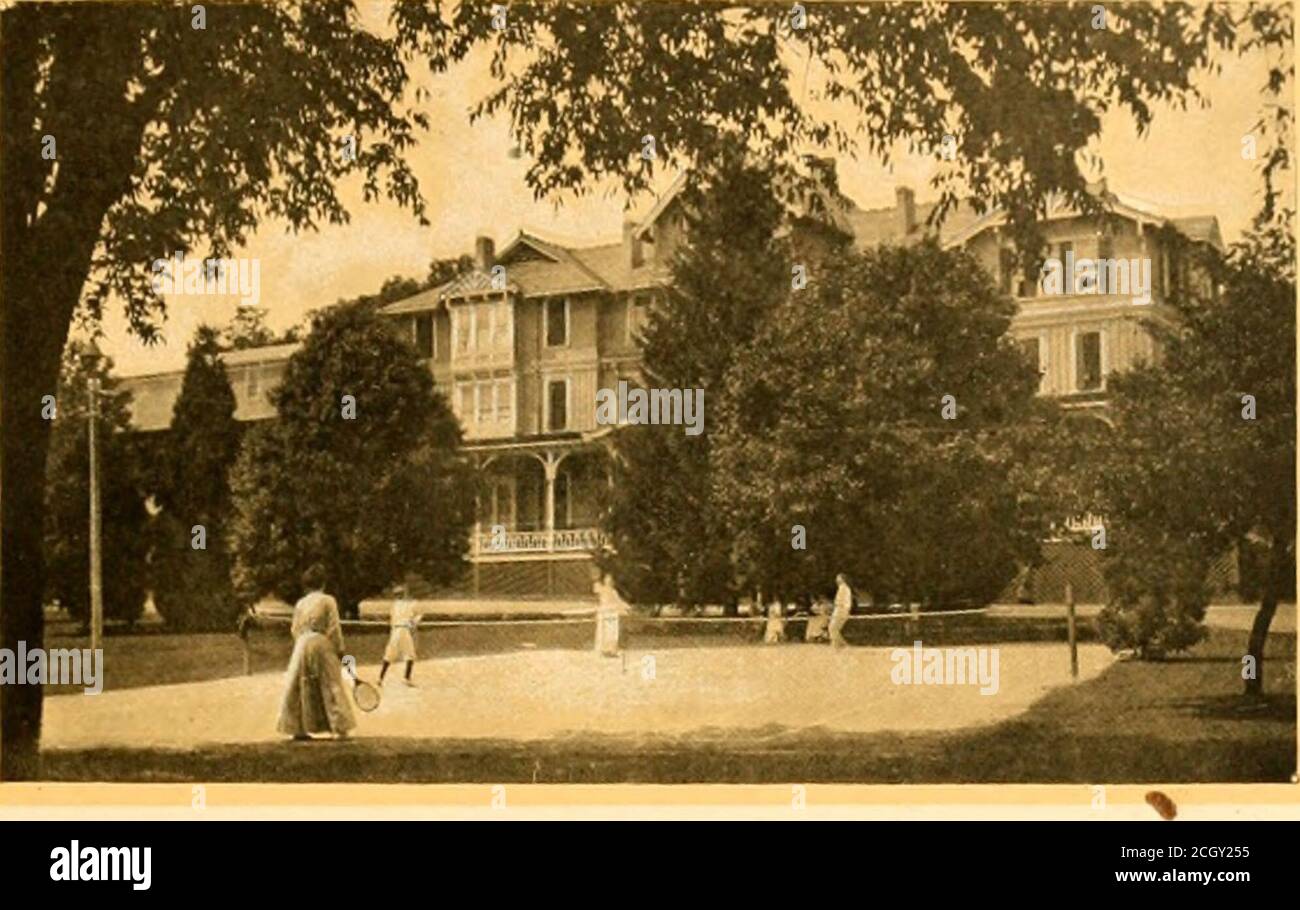 . Livre du bleu royal . e toleave leurs maisons de ville et visiter les stations, mais ne sont pas désireuses de vivre dans un hôtel.pour ces personnes il ya des cottages privés délicieusement dans la vicitéde l'hôtel, qui sont entièrement équipés et joliment meublées pour le ménage, si désiré; mais si les occupants le souhaitent, ils peuvent organiser leurs repas à l'hôtel. Il a été habituel d'ouvrir ces chalets environ le 15 juin de chaque année et l'hôtel propre juin 23. Non loin de l'hôtel dans un endroit magnifique est le Boiling Spring, en provenance de therocky coeur de la montagne, d'où ALLEGHENY MOUNTAI Banque D'Images