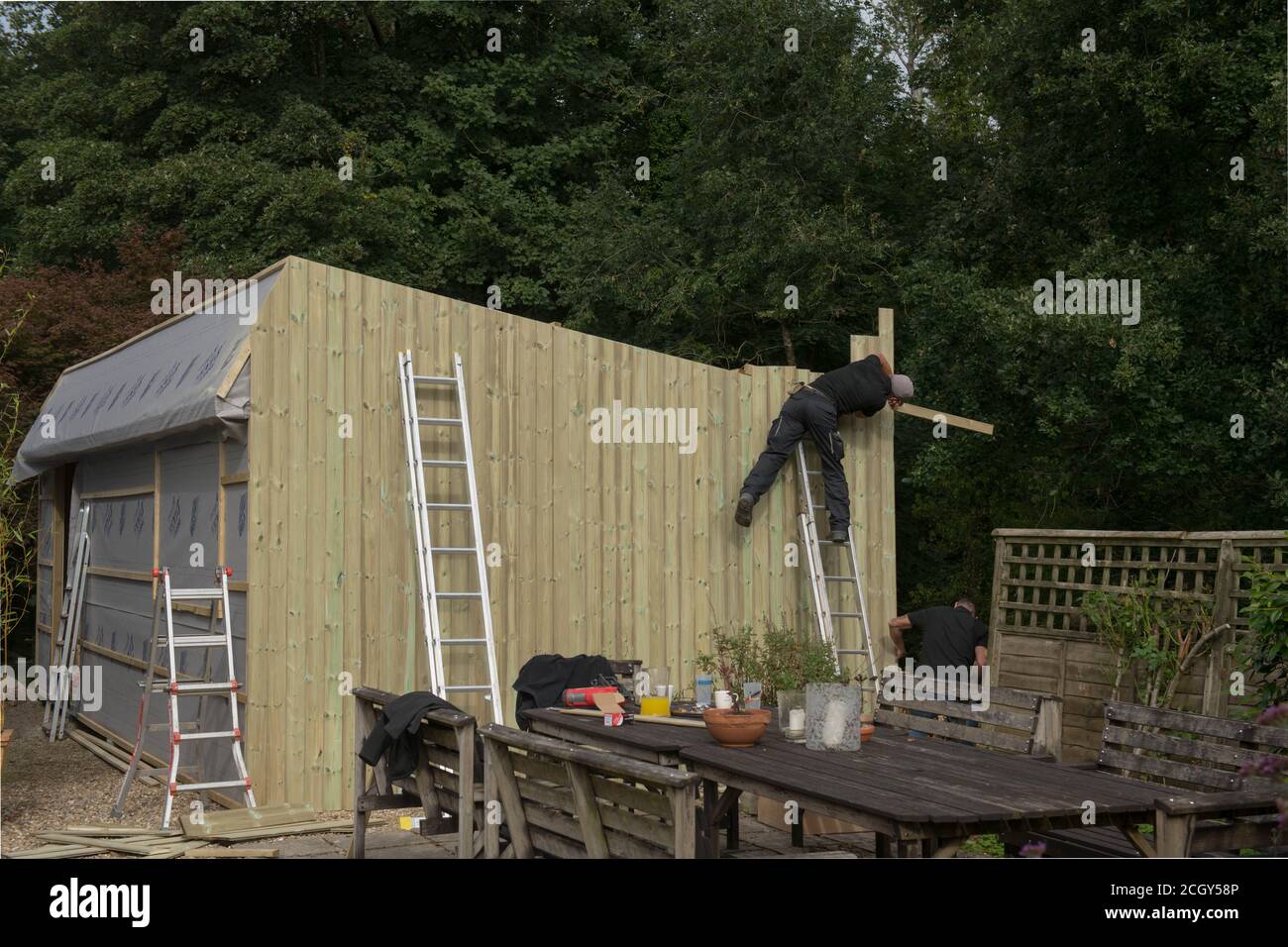 Constructeurs Bardage l'extérieur d'un jardin Shed avec tunnel et gorge banale de séquoias Shiplip dans le Devon rural, Angleterre, Royaume-Uni Banque D'Images