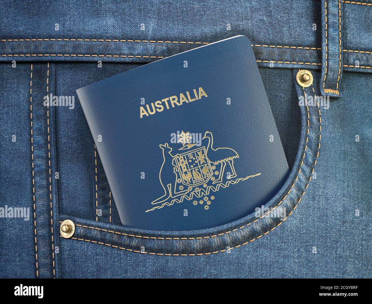 Passeport de l'Australie en jeans de poche. Voyage, tourisme, émigration et concept de contrôle des passeports. illustration 3d Banque D'Images