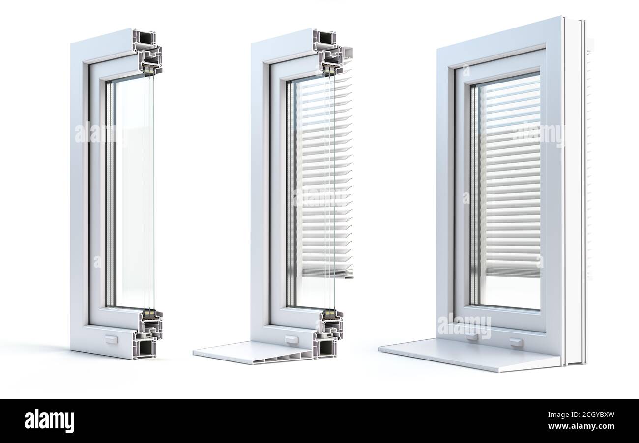 Coupe transversale de fenêtres en plastique profil PVC isolé sur fond blanc. illustration 3d Banque D'Images