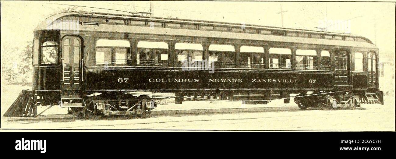 . The Street Railway journal . le chemin de fer relie New-ark à Zanesville et est une extension de la Columbus, Buckeye Lake et Newark traction Company, qui opère entre Columbus et Newark. Le chemin de fer électrique de Columbus, Newark et Zanesville est également en train de prendre les lignes de Newark City, avec une iine à Granville, Ohio, et avec la Columbus, BuckeyeLake et Newark traction Companya une longueur totale de 84 miles. Theselines est contrôlée par la Tucker-Anthony Company, de Boston, et J. R. Harrigan, de Newark(Ohio), en est le directeur général. Ces voitures sont de la conception et de la construction les plus récentes, et arééquip Banque D'Images