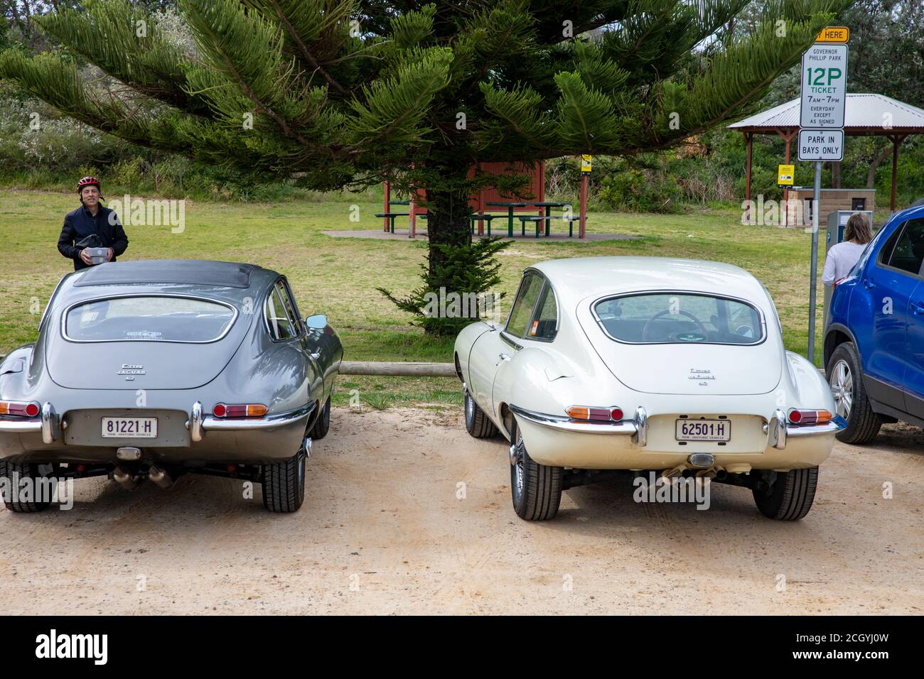 Deux voitures Jaguar e type coupé de la série classique 1 modèle ,1965 à gauche et Jaguar e type coupé 1967, Sydney, Australie Banque D'Images