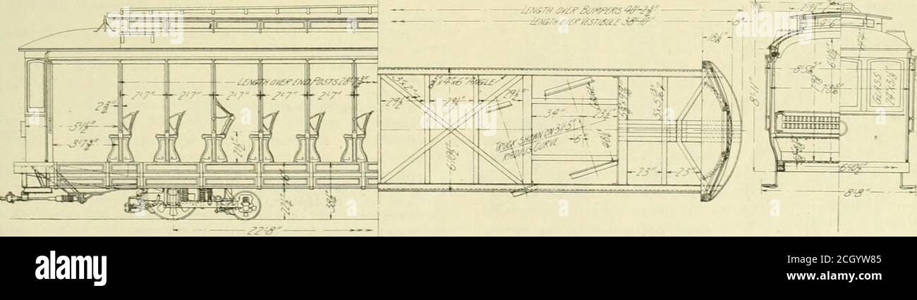 . Revue de chemin de fer électrique . Exploitation de plusieurs voitures à St. Joseph, Missouri—Plan d'élévation et section de la carrosserie fermée. -. Utilisation de plusieurs voitures à St. Joseph. Moi.— Plan d'élévation et section de carrosserie de voiture ouverte. Pouces : largeur de voiture au-dessus des plaques de seuil, G pieds 10 pouces; largeur même support. Les ampoules à incandescence sont utilisées pour l'éclairage, les montants au-dessus du siège, 7 pieds 8fs pouces: Largeur au-dessus du phare de course et le panneau de destination sur le tableau de bord sont également des panneaux éclairés vers le bas, S pieds 8 pouces: Balayage du montant, . pouces; hauteur par les ampoules. Les toits sont équipés de gouttières d'éave qui s'écoulant du bas du seuil à Banque D'Images
