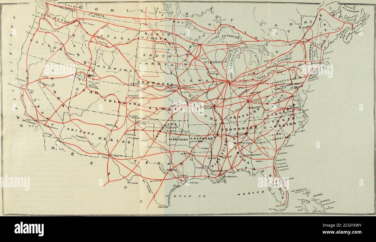 . Les chemins de fer américains comme investissements, une analyse détaillée et comparative de tous les principaux chemins de fer, du point de vue de l'investisseur; avec une introduction sur les méthodes d'estimation des valeurs ferroviaires . Carte schématique des chemins de fer des États-Unis, montrant les principaux systèmes et les itinéraires de circulation. Supplément à American Radways as Investments par Carl Snyder. Publié par Moody Corporation. TABLE DES MATIÈRES Pagk. Alabama Great Southern Railroad 67 Ann Arbor Railroad (voir Detroit, Toledo et Ironton) 292 Atchison, Topeka & Sante Fe Railway 69 Atlantic Coast Line Railroa 83 Baltimore & Ohio Railroa Banque D'Images