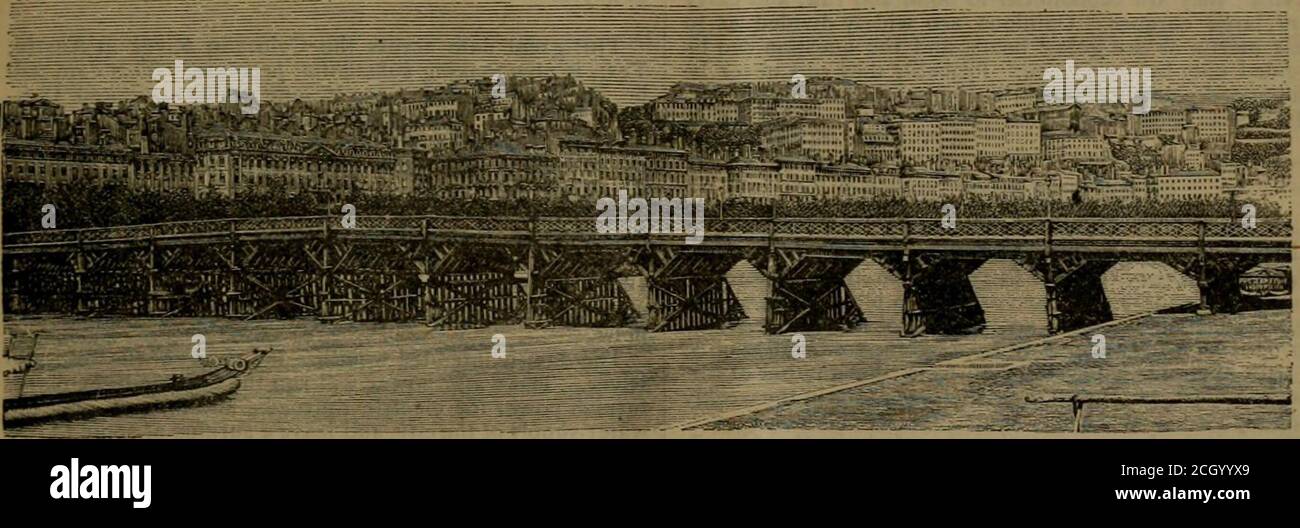 . Le journal de chemin de fer et d'ingénierie . Figure I.LE PONT MORANDE AU-DESSUS du RHÔNE. Étant à environ 45 pieds. En dessous de l'eau basse. Les arches de l'entrée ont une hauteur libre de 26 pi au-dessus de l'eau haute. Chaque travée est composée de huit barres de fer, espacées de 8,5ft. Entre les centres, à l'exception des deux barres extérieures, qui sont à 10.8 ft. De la structure intérieure adjacente. La largeur totale du pont est de 65 6 pi, divisée en une chaussée de 36 pi de largeur et deux trottoirs de 14.8 pi de largeur chacun. L'arche de l'entrée a une étendue de 221 pi., une élévation de 14.6 pi., et l'aradius de 426.8 pi.; les deux arches latérales ont chacune une étendue de 210 pi. Banque D'Images