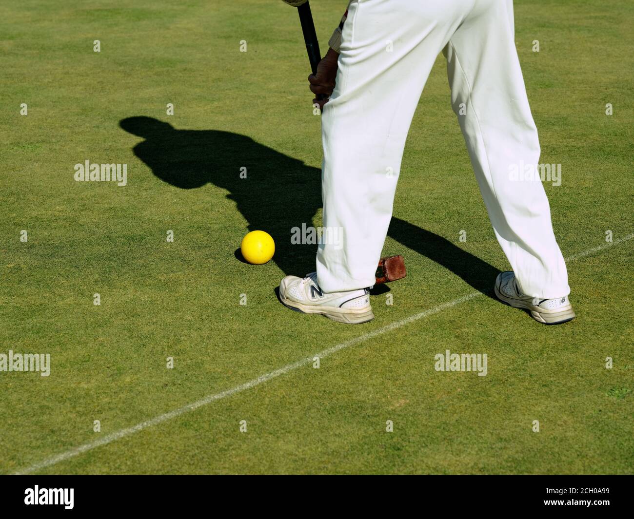 Un homme habillé de blancs traditionnels jouant du croquet de pelouse tenant un maillet de croquet sur le point de jouer un coup de feu un jour d'été. Banque D'Images