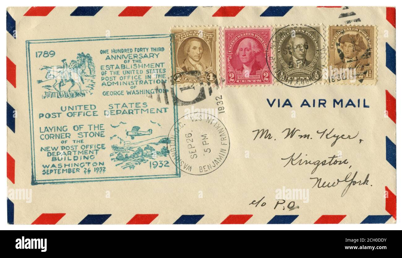 Washington D.C., Benjamin Franklin Sta., États-Unis - 26 septembre 1932: Enveloppe historique: Couverture avec le département de poste de cachet États-Unis Banque D'Images