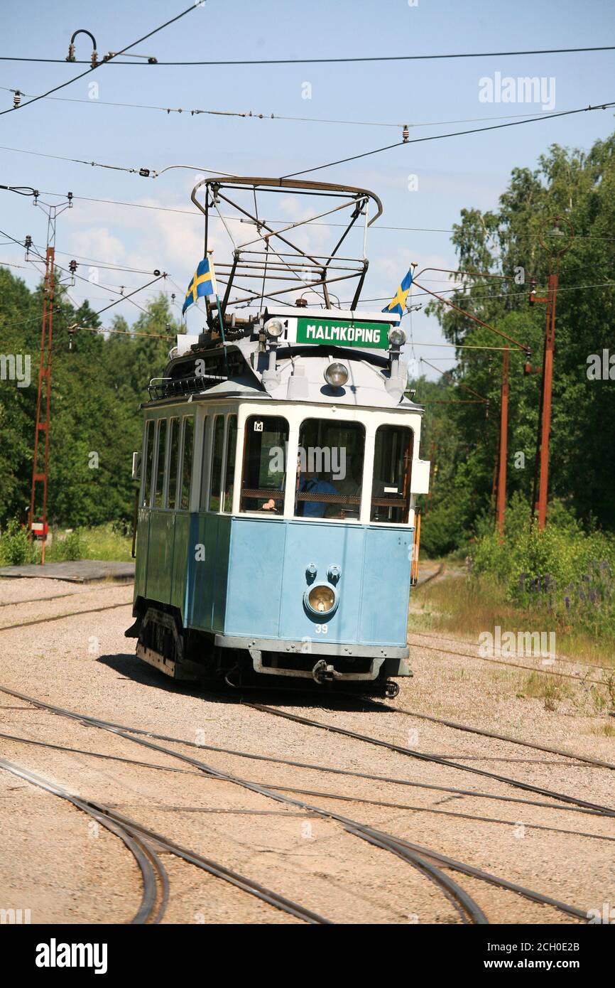 TRAMS HISTORIQUES à Malmköping en Suède. Véhicule à moteur HSS E 39 de Helsingborg Banque D'Images