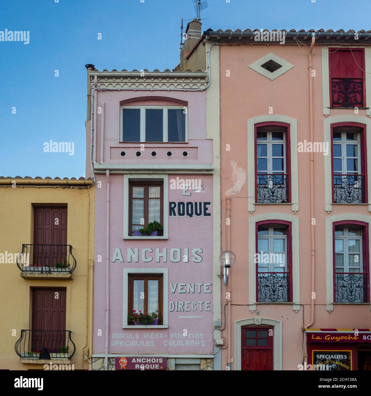 Anchois Vente Direction, scène de rue, Collioure, Sud de la France Banque D'Images