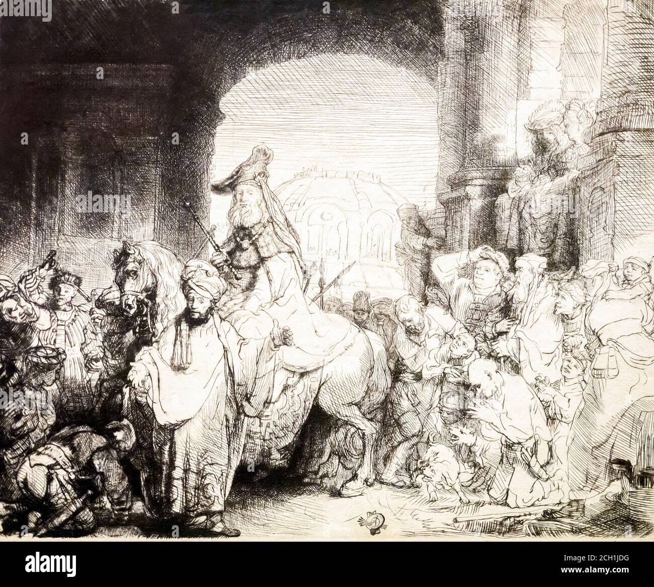 Rembrandt van Rijn (1606 -1669) le Triumph de Mordecai, vers 1641 Etching et point sec Banque D'Images