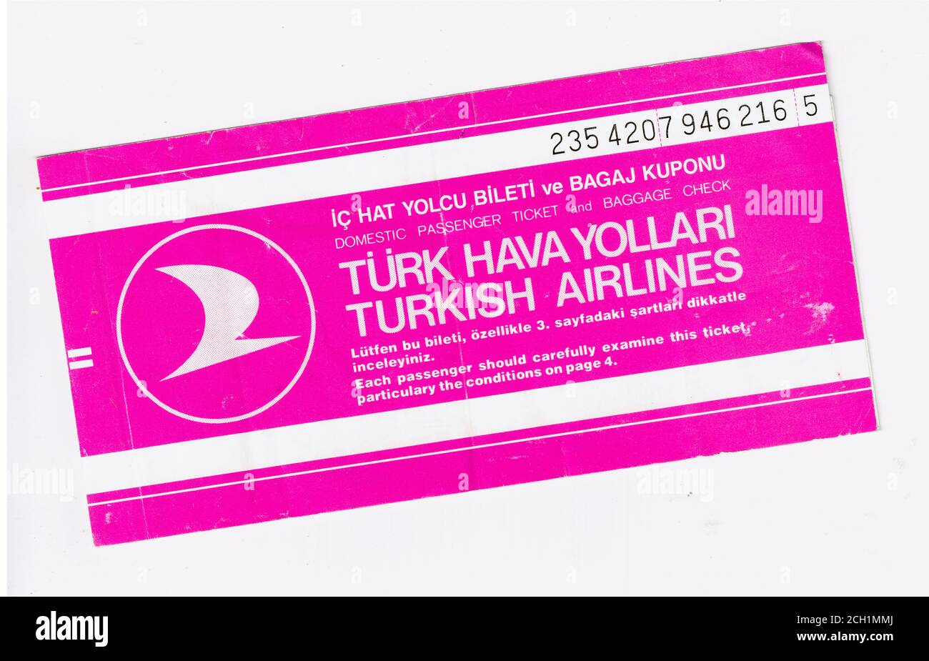 Billet d'avion Turkish Airlines, Turquie, 1986 Banque D'Images