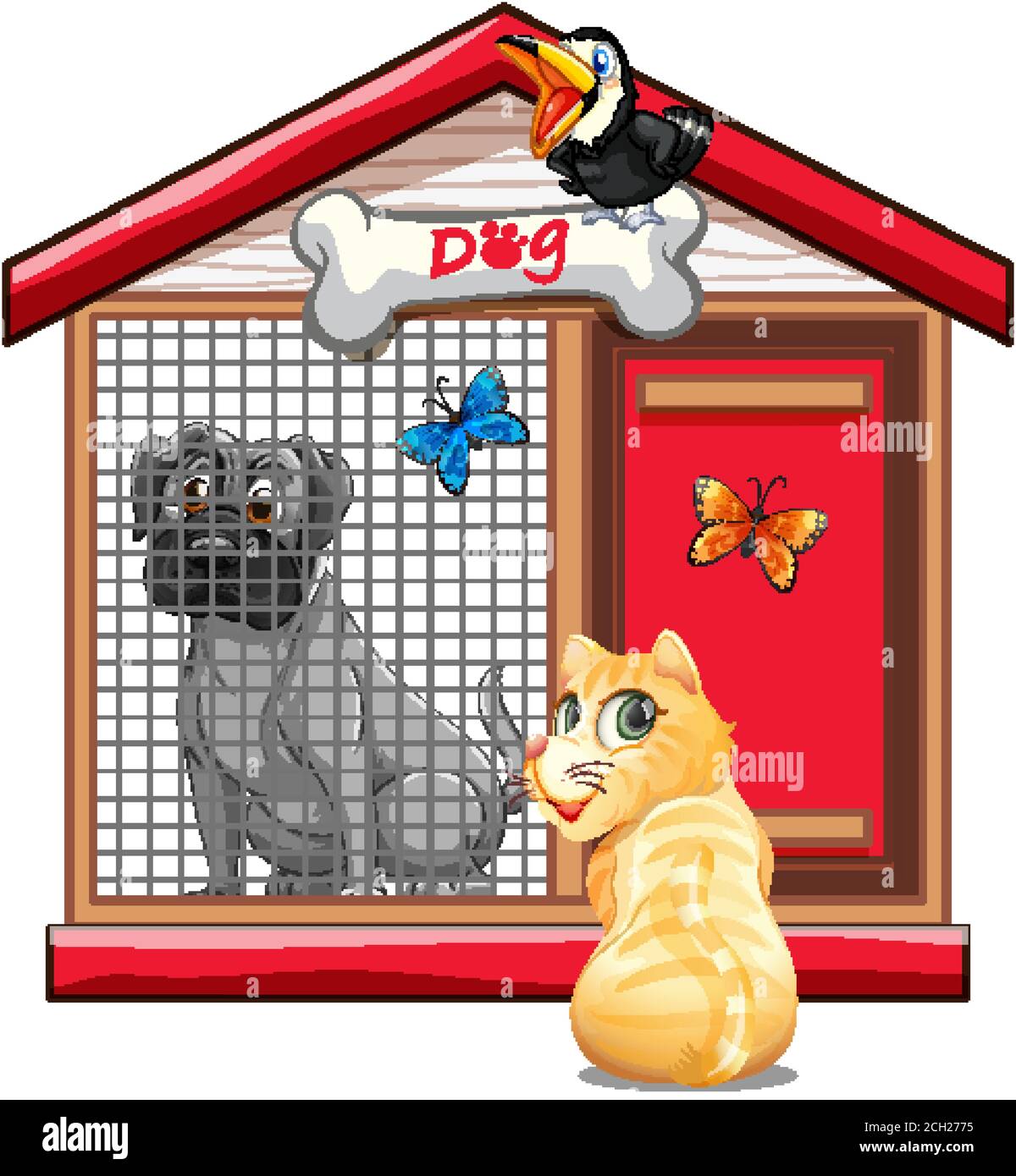 Cage Pour Chien Avec Dessin Anime Isole Chat Et Oiseau Image Vectorielle Stock Alamy