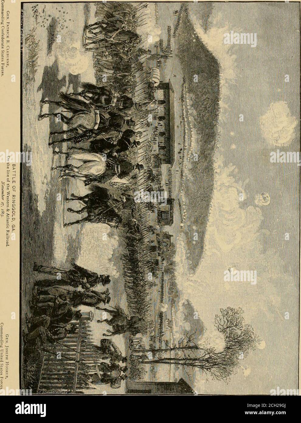 . Les campagnes de montagne en Géorgie : ou, scènes de guerre sur le W. & A. MA H WS N t i. ART PK NTINQ WQAKS, I. 23 CAMPAGNES DE MONTAGNE EN GÉORGIE. Les colonnes fédérales, le 23 février, se sont unies devant Ringgold, et avançaient, attaquèrent la cavalerie confédérée, et, après un combat acharné, la conduisit du village de Tun-nel Hill jusqu'aux hauteurs au-delà, mais furent ici contrôlées par l'artillerie, et redescendirent. Le lendemain, l'armée fédérale avançait en trois colonnes et obligeait les con-fédérats à prendre leur retraite. Ce dernier a pris position dans la vallée de Crow (située à l'est de Rocky FaceRidge et au nord de Mill Creek Banque D'Images