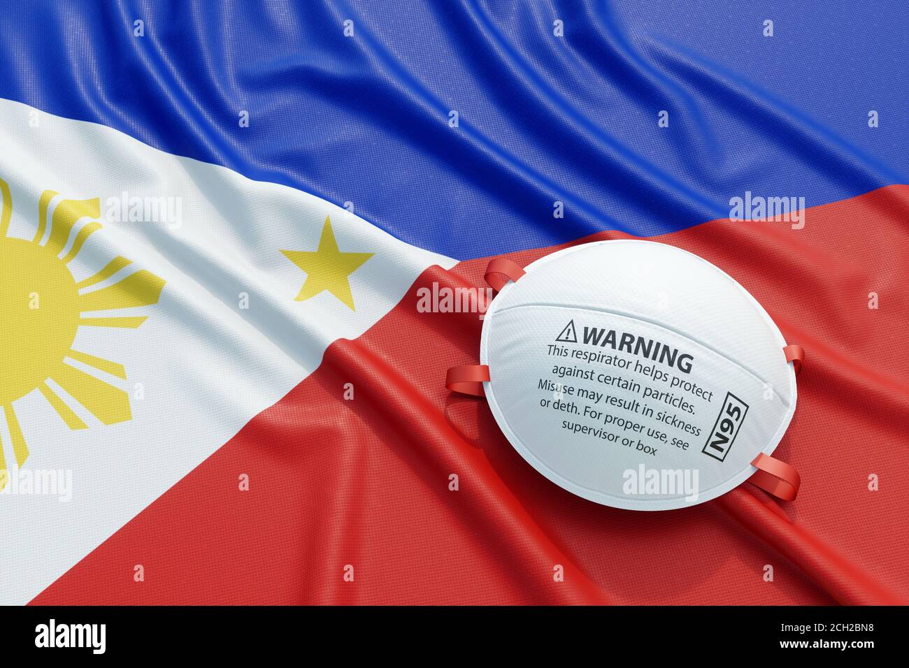 Coronavirus médical masque chirurgical sur le drapeau national philippin. Maladie, pandémie, virus covid-19 aux Philippines, concept 3d rendu illustr Banque D'Images