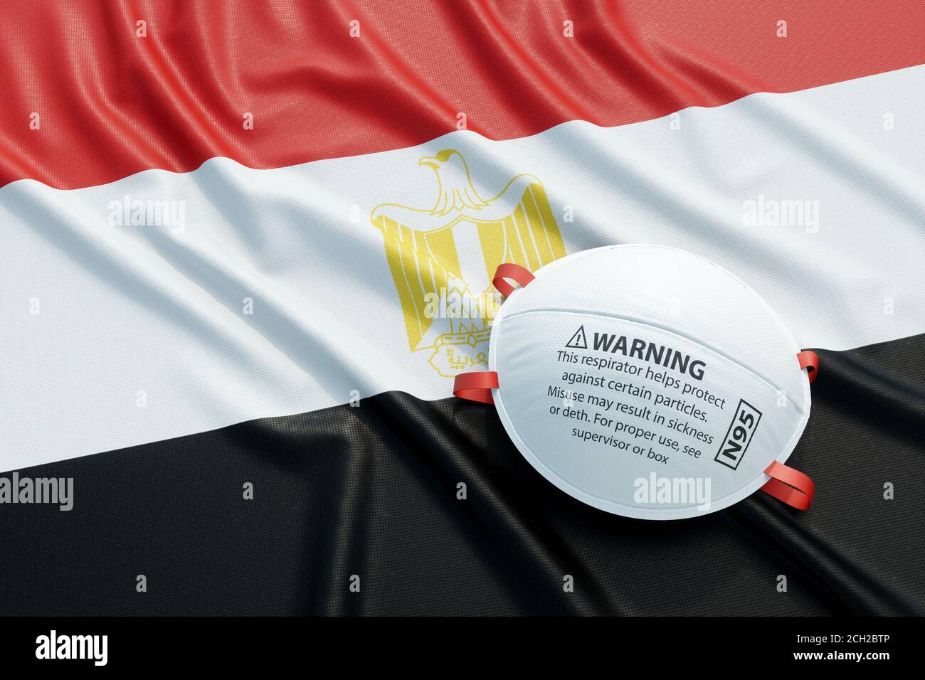 Coronavirus médical masque chirurgical sur le drapeau national égyptien. Maladie, pandémie, virus covid-19 en Egypte, concept 3d rendu illustration Banque D'Images