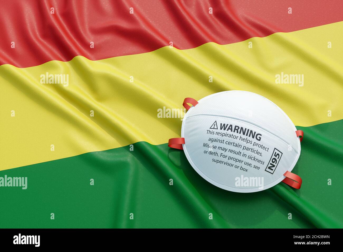 Coronavirus médical masque chirurgical sur le drapeau national bolivien. Maladie, pandémie, virus covid-19 en Bolivie, concept 3d rendu illustration Banque D'Images
