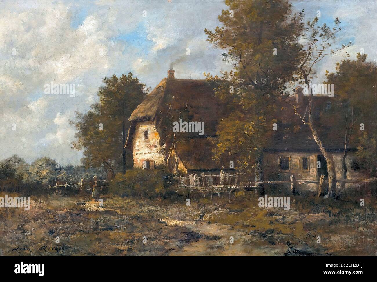 Richet Leon - Bâtiment de ferme avec une femme paysanne dedans Un paysage - École française - 19e et début 20e Siècle Banque D'Images