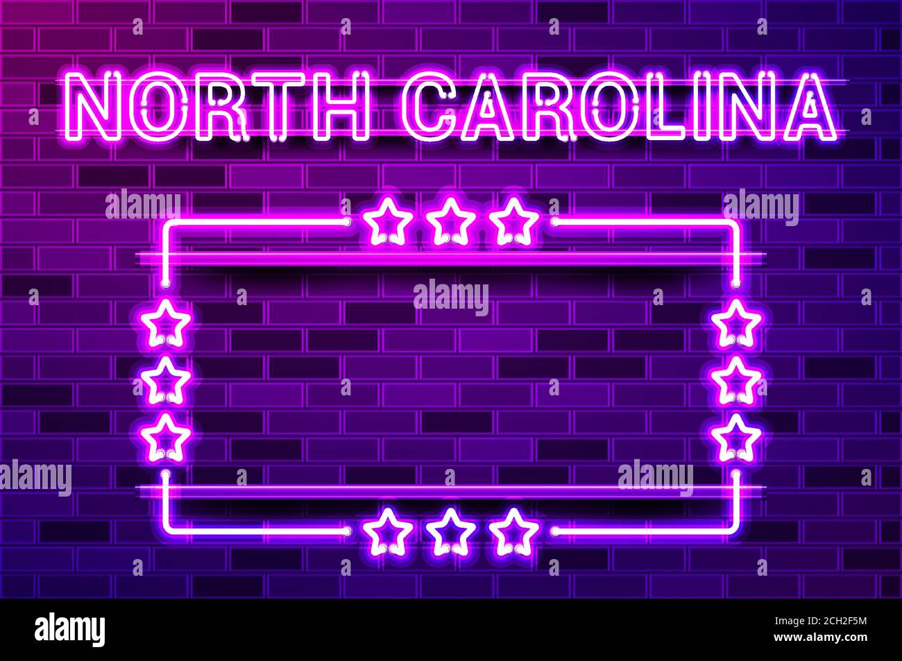 Caroline du Nord États des États-Unis lettrage au néon violet brillant et un cadre rectangulaire avec des étoiles. Illustration vectorielle réaliste. Mur de briques violets, violet glo Illustration de Vecteur