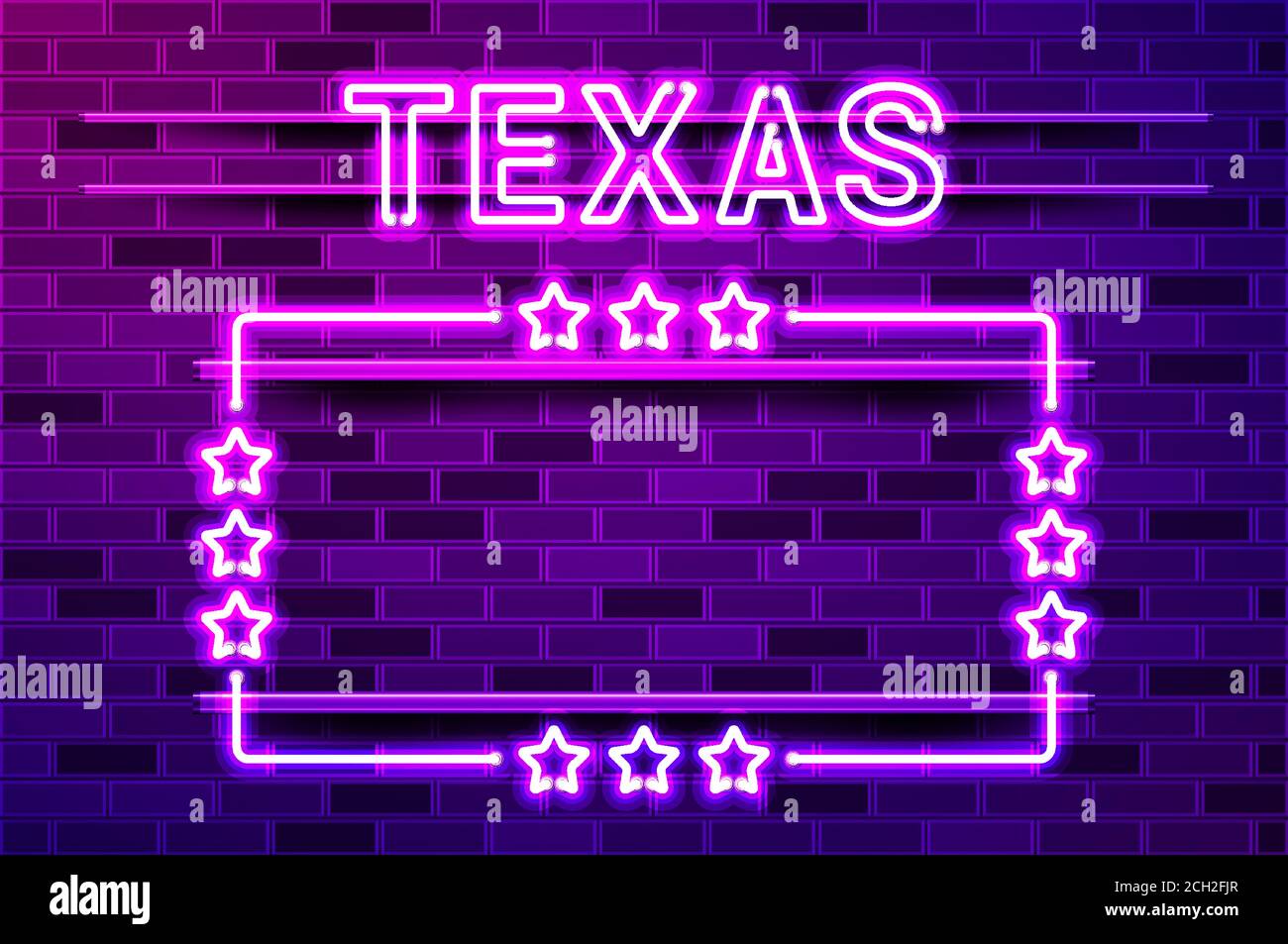 Texas US State lettrage au néon violet brillant et un cadre rectangulaire avec des étoiles. Illustration vectorielle réaliste. Mur de briques violets, violet phosphorescent, métal Illustration de Vecteur